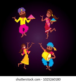 Traditional Indian festival Holi. Bengali New Year. Holiday of spring. Dancing people. Pixel art. Old school computer graphic style. 8 bit video game. game element.