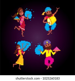 Traditional Indian festival Holi. Bengali New Year. Holiday of spring. Dancing people. Pixel art. Old school computer graphic style. 8 bit video game. game element.