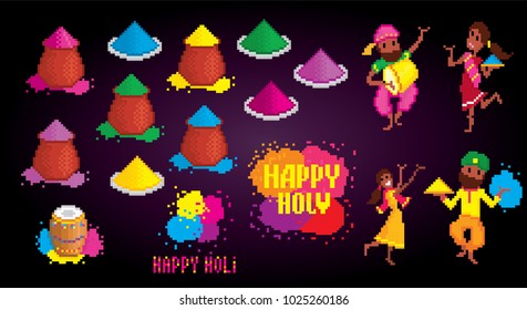 Traditional Indian festival Holi. Bengali New Year. Holiday of spring. Dancing people. Pixel art. Old school computer graphic style. 8 bit video game. game element.