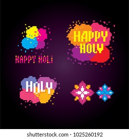 Traditional Indian festival Holi. Bengali New Year. Holiday of spring. Dancing people. Pixel art. Old school computer graphic style. 8 bit video game. game element.