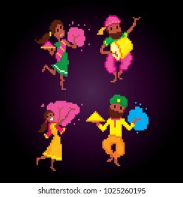 Traditional Indian festival Holi. Bengali New Year. Holiday of spring. Dancing people. Pixel art. Old school computer graphic style. 8 bit video game. game element.