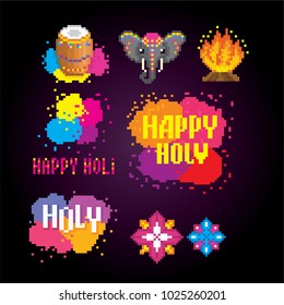 Traditional Indian festival Holi. Bengali New Year. Holiday of spring. Dancing people. Pixel art. Old school computer graphic style. 8 bit video game. game element.