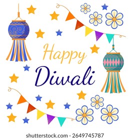 O tradicional festival indiano de luzes Diwali. Conjunto de atributos para decoração festiva. Ilustração vetorial. Em um estilo plano em um fundo branco.