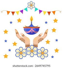 O tradicional festival indiano de luzes Diwali. Conjunto de atributos para decoração festiva. Ilustração vetorial. Em um estilo plano em um fundo branco.