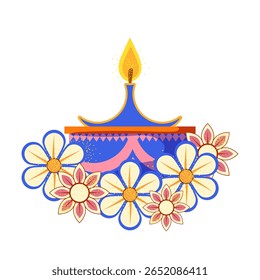 O tradicional festival indiano de luzes Diwali. Conjunto de atributos para decoração festiva. Ilustração vetorial da lâmpada de óleo e da vela. Em estilo plano em fundo branco.
