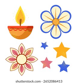 O tradicional festival indiano de luzes Diwali. Conjunto de atributos para decoração festiva. Ilustração vetorial da lâmpada de óleo e da vela. Em estilo plano em fundo branco.