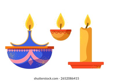 O tradicional festival indiano de luzes Diwali. Conjunto de atributos para decoração festiva. Ilustração vetorial da lâmpada de óleo e da vela. Em estilo plano em fundo branco.
