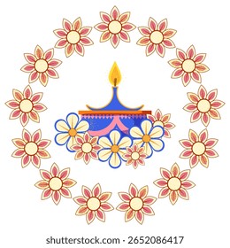 O tradicional festival indiano de luzes Diwali. Conjunto de atributos para decoração festiva. Ilustração vetorial da lâmpada de óleo e da vela. Em estilo plano em fundo branco.