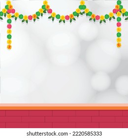 Traditional Indian floral garland with flowers and mango leaves. Indian festival floral reception decoration for Indian Hindu holiday or wedding with white bokeh background. Vector illustration.