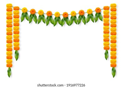 Traditional Indian floral garland with marigold flowers and mango leaves. Decoration for Indian hindu holidays or wedding. Isolated on white. Vector illustration.