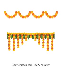 Traditional Indian floral garland with marigold flowers and mango leaves. Decoration for Indian hindu holidays or wedding. Isolated on white. Vector illustration.