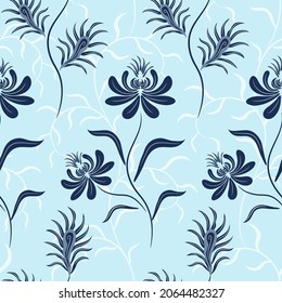 Traditional Indian floral hand drawn seamless pattern with blue flowers and fancy plants on the light blue background. Great for scrapbooking, wallpaper, packaging.