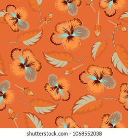Traditional Indian floral seamless pattern with motley hibiscus flowers in orange, beige and red colors. Vector illustration.