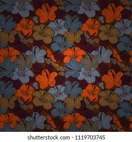 Traditional Indian floral seamless pattern with motley hibiscus flowers in brown, orange and green colors. Vector illustration.