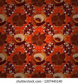 Traditional Indian floral seamless pattern with motley rose flowers and leaves in brown, orange and red colors. Vector illustration.