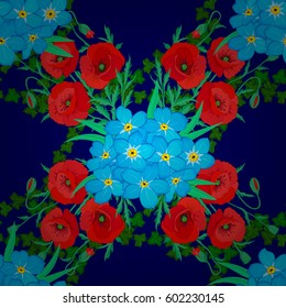 Traditional Indian floral seamless pattern with motley forget-me-not flowers on a blue background. Vector illustration.