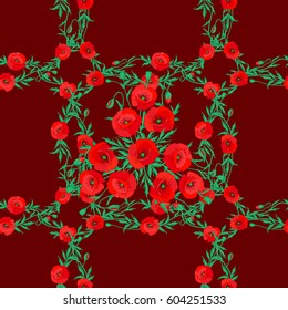 Traditional Indian floral seamless pattern with motley poppy flowers on a red background. Vector illustration.