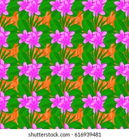 Traditional Indian floral seamless pattern with motley plumeria flowers on a orange background. Vector illustration.