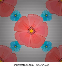 Traditional Indian floral seamless pattern with motley cosmos flowers on a gray background. Vector illustration.