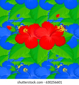 Traditional Indian floral seamless pattern with motley hibiscus flowers on a blue background. Vector illustration.