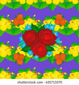 Traditional Indian floral seamless pattern with motley rose flowers and green leaves on a violet background. Vector illustration.