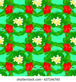 Traditional Indian floral seamless pattern with motley hibiscus flowers on a green background. Vector illustration.