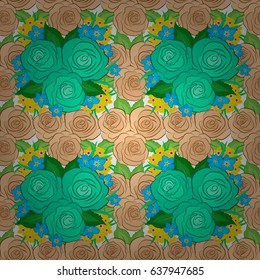 Traditional Indian floral seamless pattern with motley rose flowers and green leaves on a white background. Vector illustration.