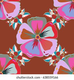 Traditional Indian floral seamless pattern in pink and blue colors. Vector illustration.