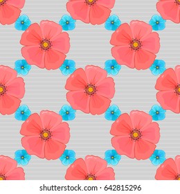 Traditional Indian floral seamless pattern with motley cosmos flowers on a gray background. Vector illustration.