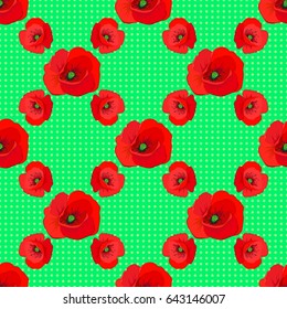 Traditional Indian floral seamless pattern with motley poppy flowers on a green background. Vector illustration.