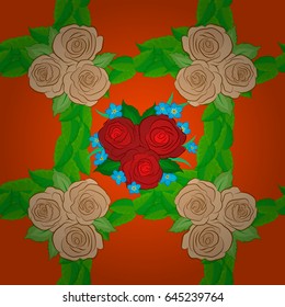 Traditional Indian floral seamless pattern with motley rose flowers and green leaves on a orange background. Vector illustration.