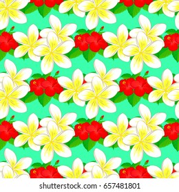 Traditional Indian floral seamless pattern with motley plumeria flowers on a green background. Vector illustration.