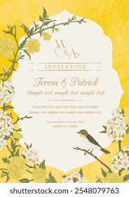 Tarjeta de Boda floral india tradicional, diseño de invitación de Boda, flores, fondo de acuarela, diseño de tarjeta de invitación de capucha de Boda con flores silvestres en una Ilustración vectorial de fondo amarillo.