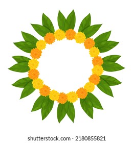 Traditional Indian flower garland frame with marigold flowers and mango leaves. Decoration for Indian Hindu holidays. Vector illustration isolated on white background.
