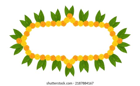 Traditional Indian flower garland frame with marigold flowers and mango leaves. Decoration for Indian Hindu holidays. Vector illustration isolated on white background.