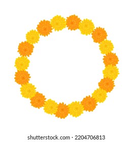 Traditional Indian Flower Garland Frame With Marigold Flowers. Decoration For Indian Hindu Holidays. Vector Illustration Isolated On White Background.