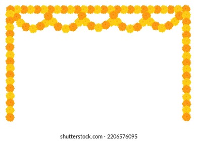 Traditional Indian flower garland frame with marigold flowers. Decoration for Indian Hindu holidays. Vector illustration isolated on white background.