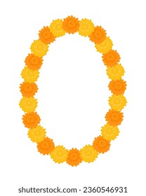 Traditional Indian flower garland frame with marigold flowers. Decoration for Indian Hindu holidays. Vector illustration isolated on white background.