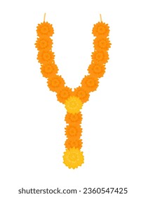 Traditional Indian flower garland frame with marigold flowers. Decoration for Indian Hindu holidays. Vector illustration isolated on white background.