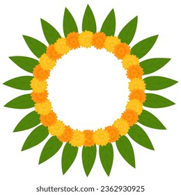 Traditional Indian flower garland frame with marigold flowers and mango leaves. Decoration for Indian Hindu holidays. Vector illustration isolated on white background.