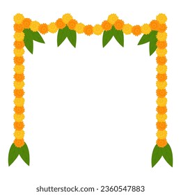 Traditional Indian flower garland with marigold flowers and mango leaves. Decoration for Indian Hindu holidays. Vector illustration isolated on white background.