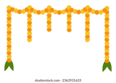 Traditional Indian flower garland with marigold flowers and mango leaves. Decoration for Indian Hindu holidays. Vector illustration isolated on white background.