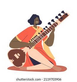 Traditional Indian Folk Artist Musician Woman In National Clothes Playing On Sitar. India Tradition, Art, Culture And Music Concept. Cartoon Flat Vector Illustration