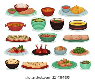 Traditional Indian Food and Dishes Served on Plate Big Vector Set