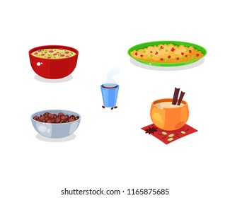 Traditional Indian food and drinks. Indian pilaf, lentil soup masurdal, red bean rajma, Indian drink masala and famous traditional coffee. Vector illustration isolated.