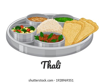 Traditional indian food  Thali  Color  Vector illustration  Isolated white  Doodle  Cartoon style 