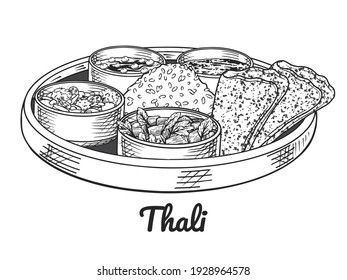 Traditional indian food  Thali  Hand drawn line art  Vector illustration  Isolated white  Doodle  Black   white sketch 