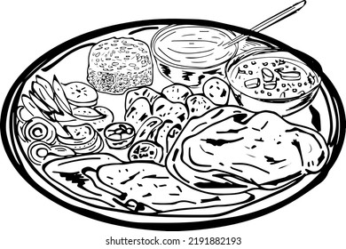 Traditional indian food Thali line art vector, Indian cuisine sketch drawing, Indian thali full of curry, spice, chapati and rice silhouette drawing