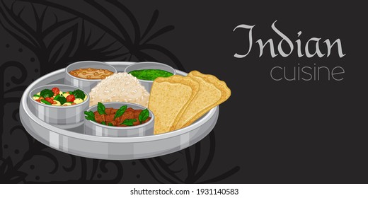 Traditional indian food. Thali on wood black background. Horizontal flyer. Vector illustration. Cartoon style.