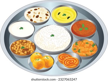 La comida tradicional india. Thali. Ilustración vectorial aislada en fondo blanco. Estilo de caricatura.